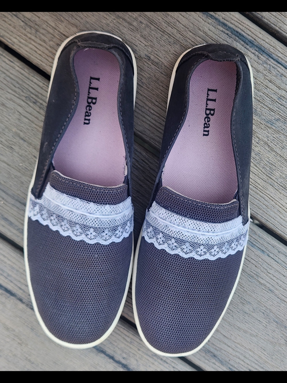 L.L. Bean Women's Gray Slip-On Mules with White Lace Trim